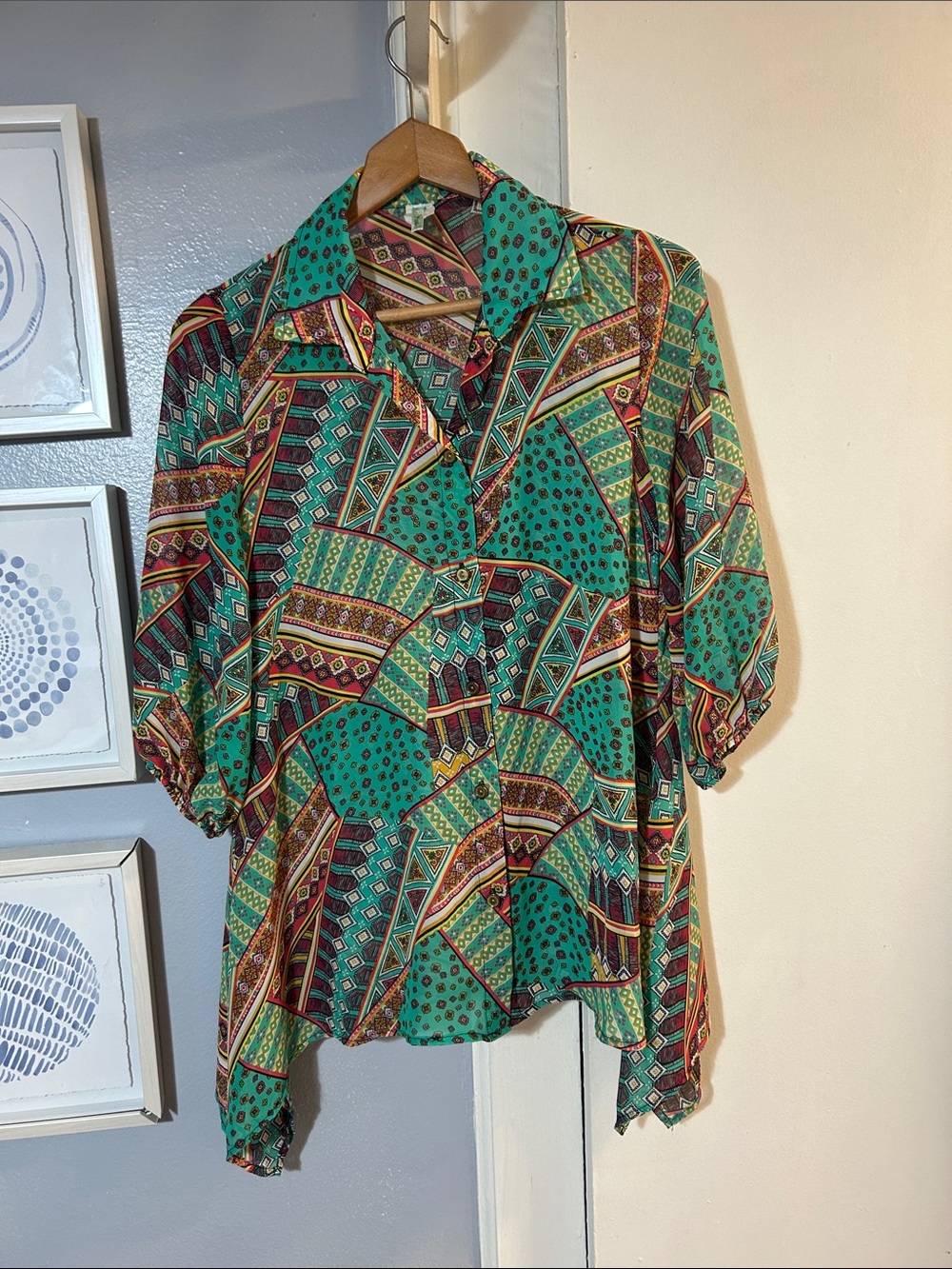 Moa Moa Teal Geometric Button-Front Sheer Short Sleeve Blouse